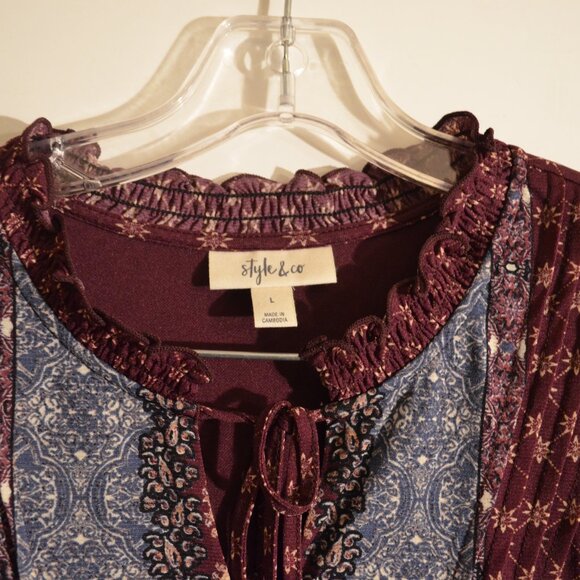 Style & Co Bohemia Style Ruffle Collar V-Neck Lace Burgundy-Gray Floral Blouse L - Picture 7 of 8